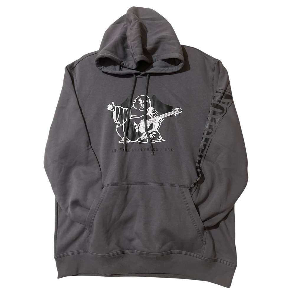 True Religion Mens Granite Grey Buddha Guitar Graphic Sleeve Logo Hoodie XL $119